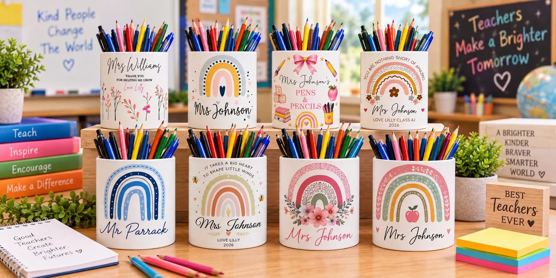 Pencil Holders collection featuring Personalised Teacher Pencil Pot – Blue Rainbow Name Design