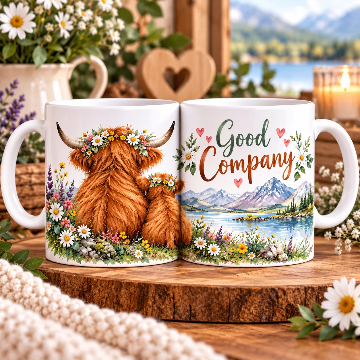 Good Company – Highland Cow & Calf 11oz Full Wrap Mug | Scenic Countryside Design from Sealed With Sparkle, Mugs