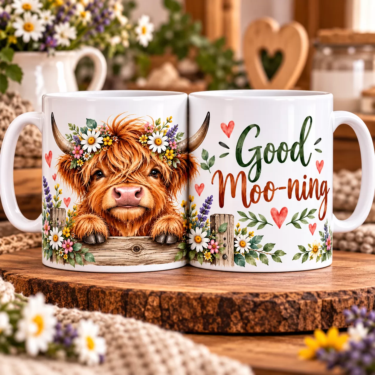 Good Moo-ning – Cute Highland Cow 11oz Full Wrap Mug | Floral Farmhouse Design