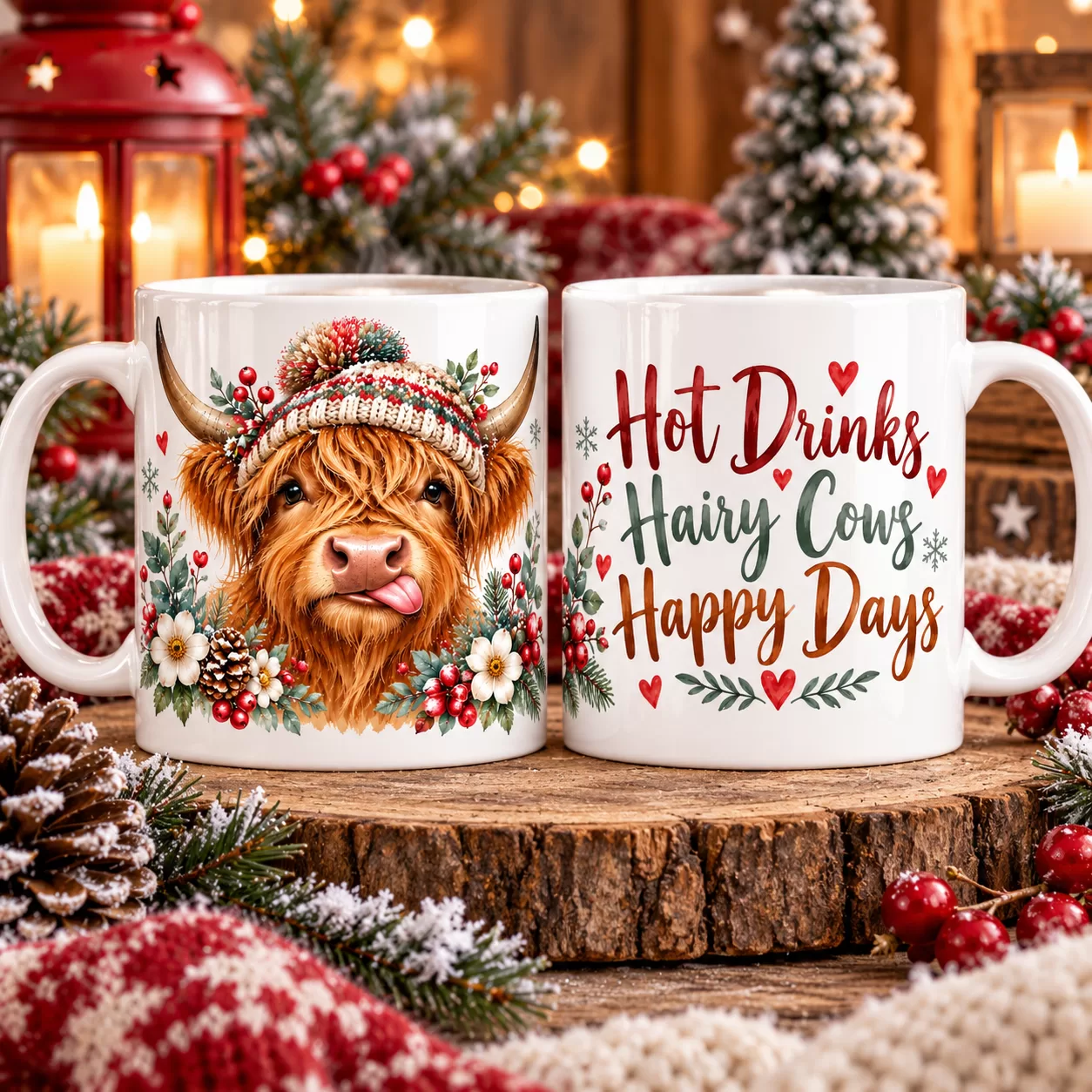 Hot Drinks, Hairy Cows, Happy Days – Highland Cow 11oz Full Wrap Mug | Cosy Winter Design
