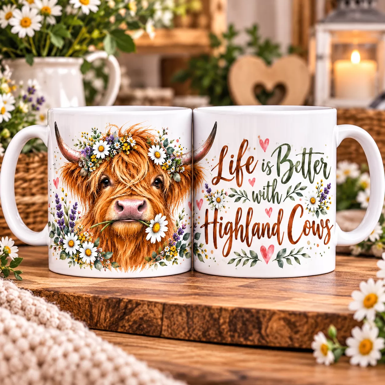 Life Is Better with Highland Cows – Floral Highland Cow 11oz Full Wrap Mug