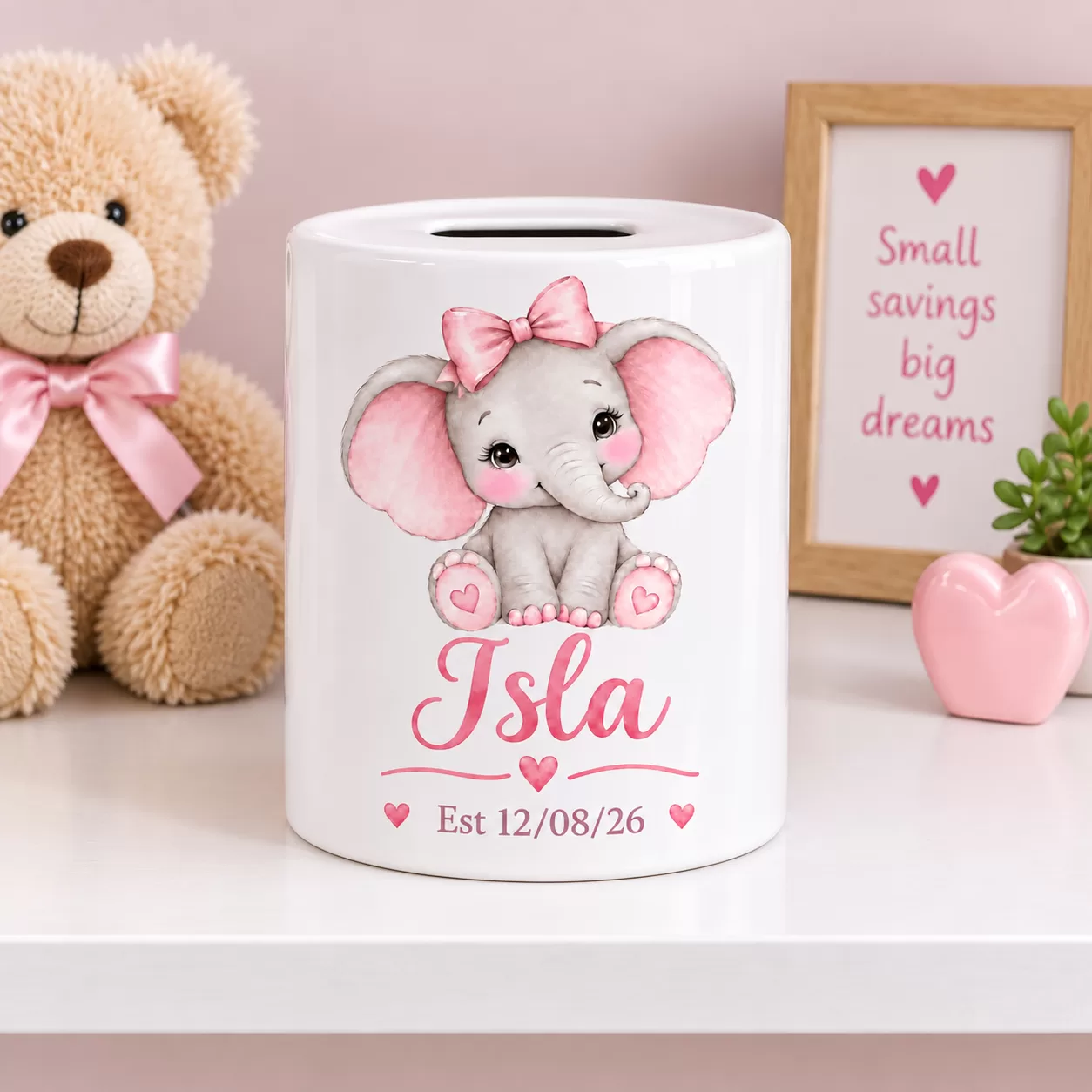 Personalised Baby Elephant Money Box – Name & Date Keepsake