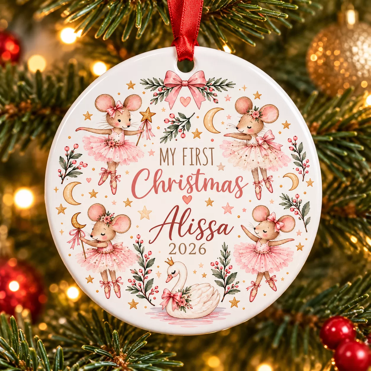 Personalised First Christmas Ballerina Mice & Swan Ceramic Bauble