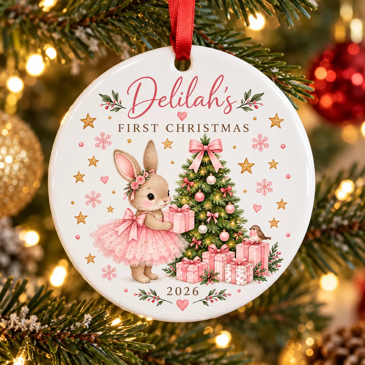 Personalised First Christmas Bunny Ceramic Bauble – Pink