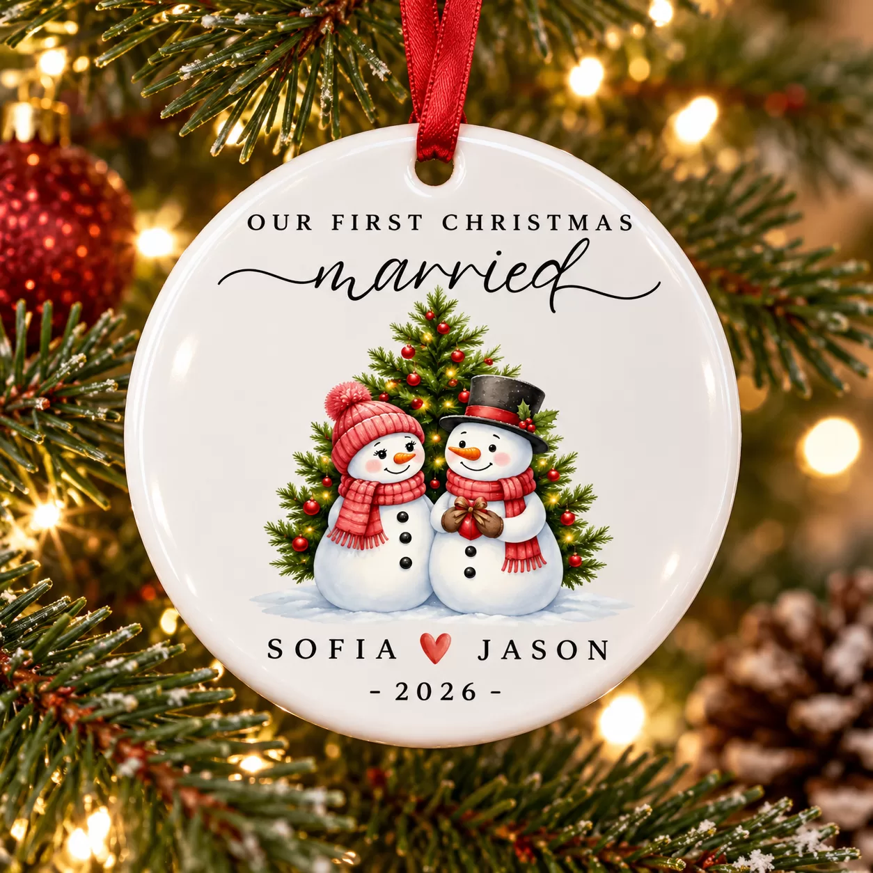 Personalised First Christmas Married Snowman Couple Ceramic Bauble