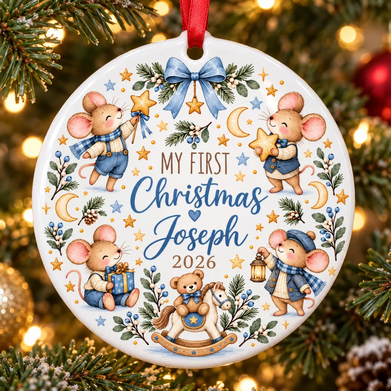 Personalised First Christmas Mice & Rocking Horse Ceramic Bauble – Blue