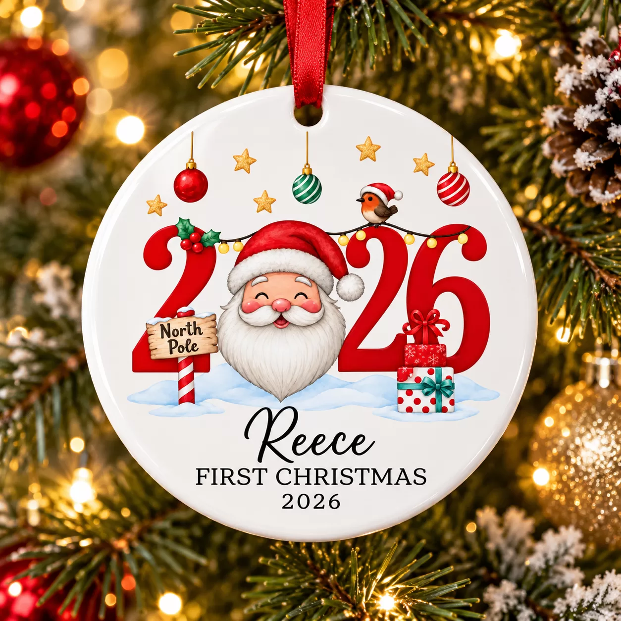 Personalised First Christmas Santa 2026 Ceramic Bauble