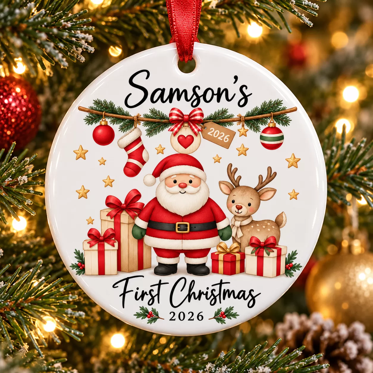 Personalised First Christmas Santa & Reindeer Ceramic Bauble