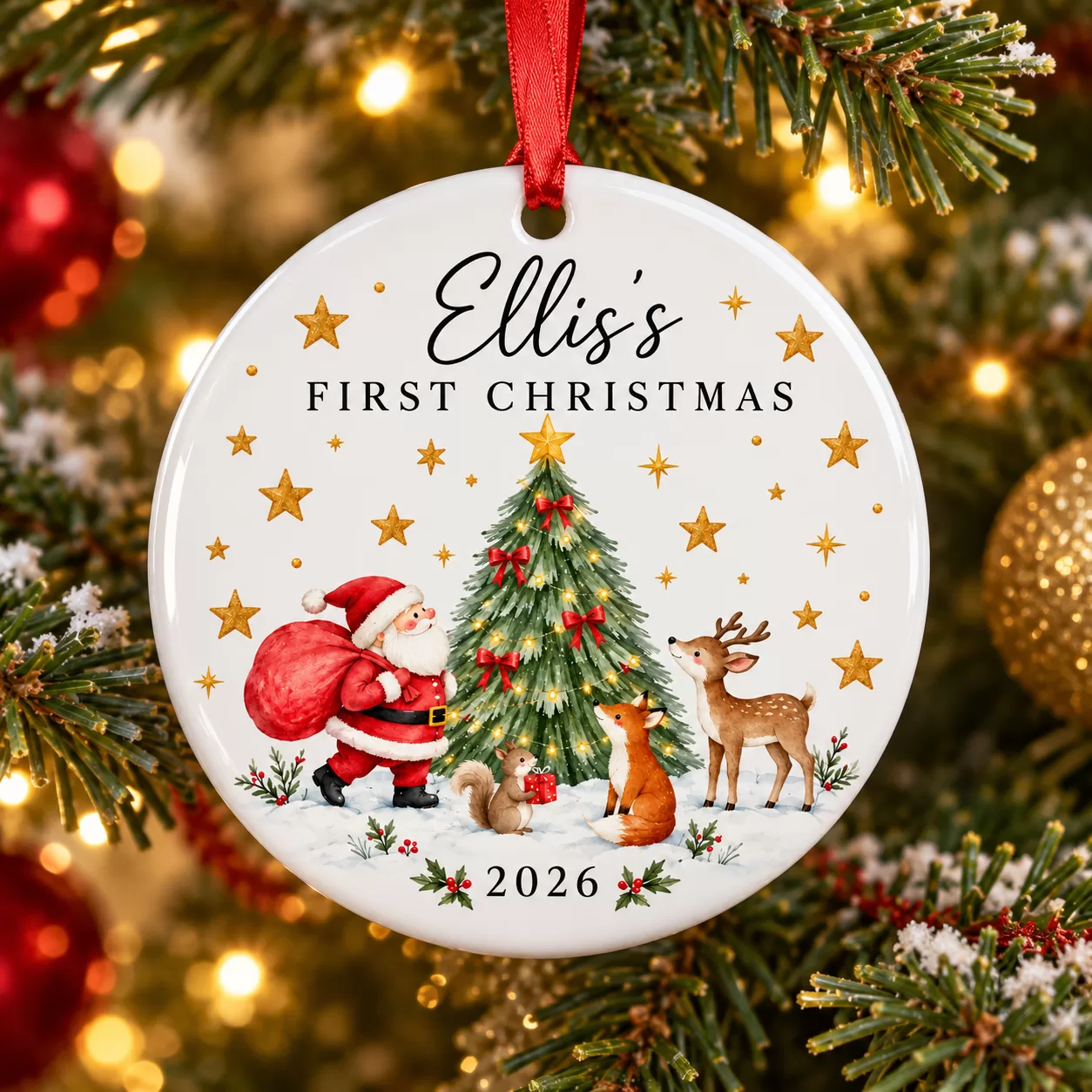 Personalised First Christmas Santa & Woodland Animals Ceramic Bauble