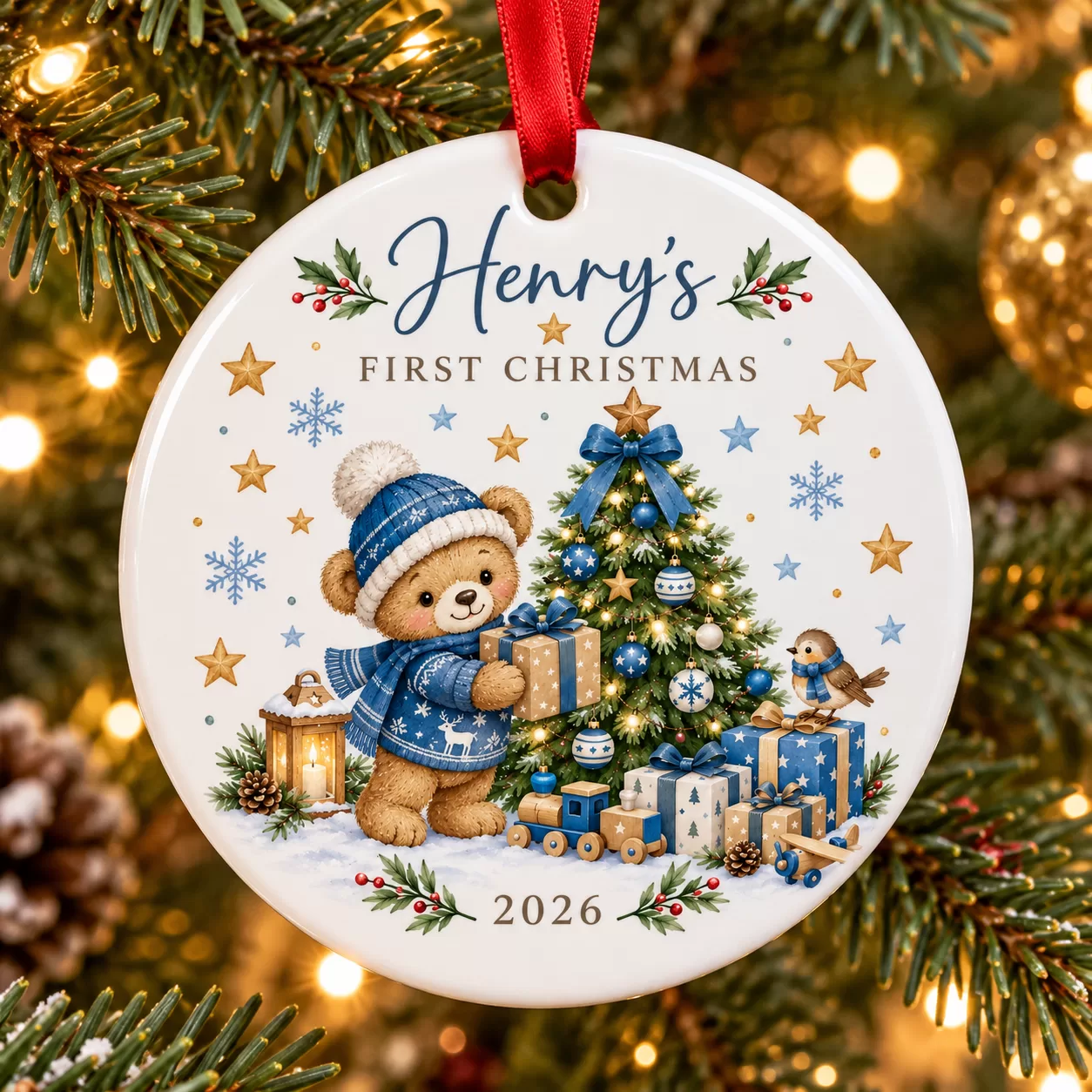 Personalised First Christmas Teddy Bear Ceramic Bauble – Blue