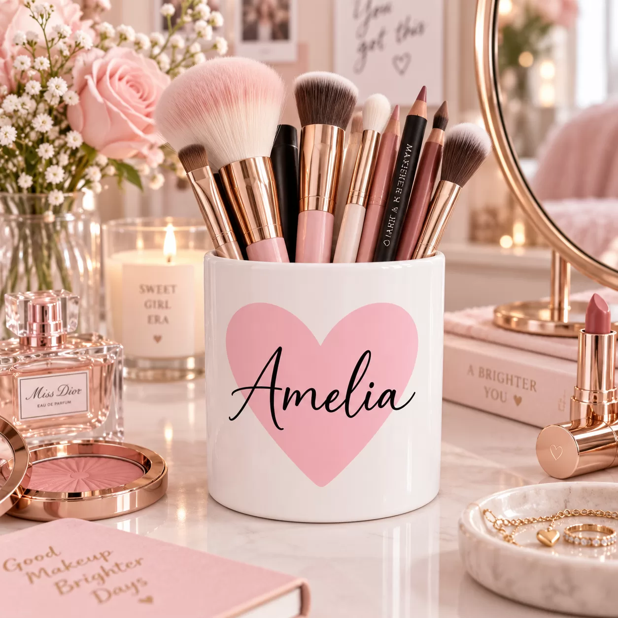 Personalised Heart Makeup Brush Pot – Custom Name