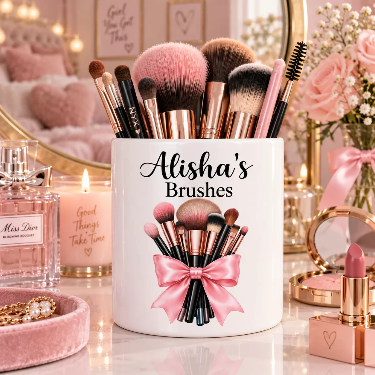 Personalised Makeup Brush Pot – Custom Name & Pink Bow Design