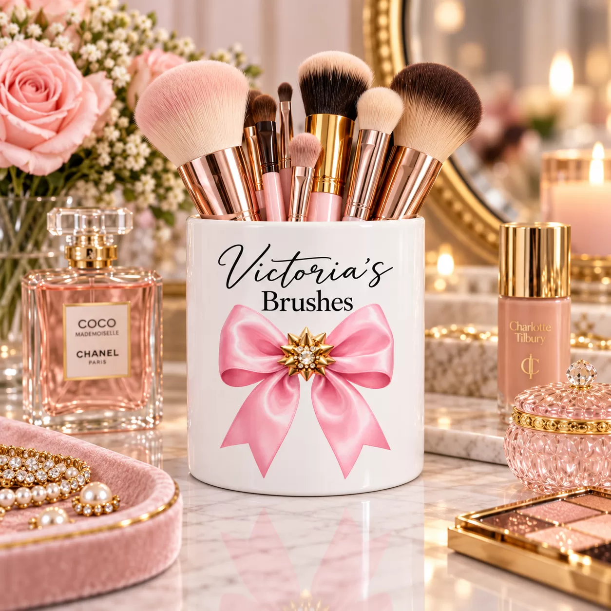 Personalised Makeup Brush Pot – Name & Choice of 24 Bow Colours