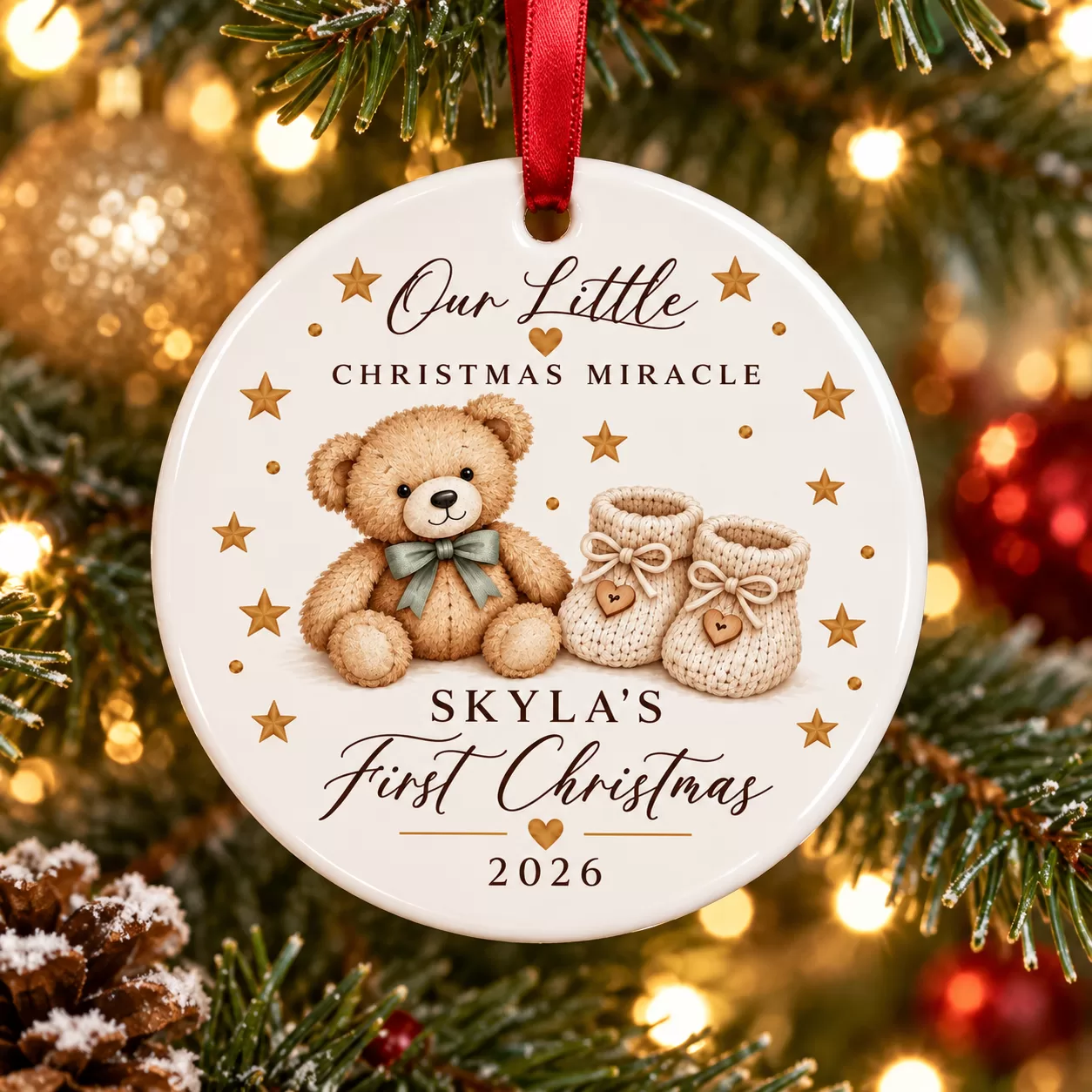 Personalised Our Little Christmas Miracle Teddy Bear Ceramic Bauble