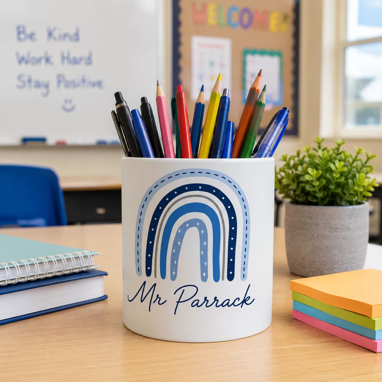 Personalised Teacher Pencil Pot – Blue Rainbow Name Design