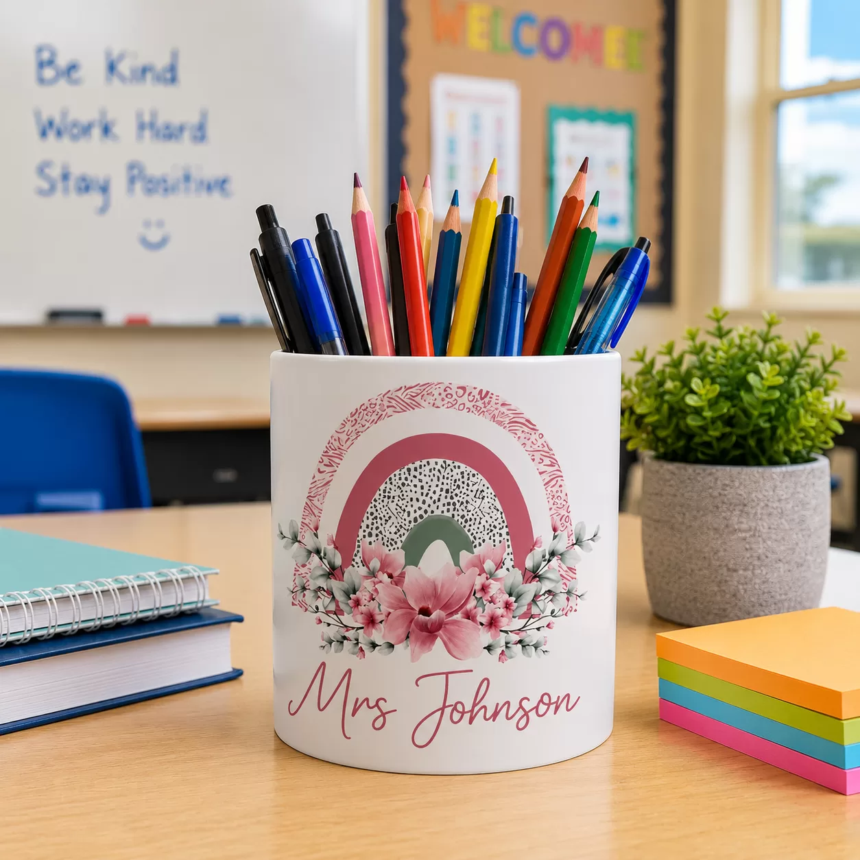 Personalised Teacher Pencil Pot – Floral Rainbow Name Design