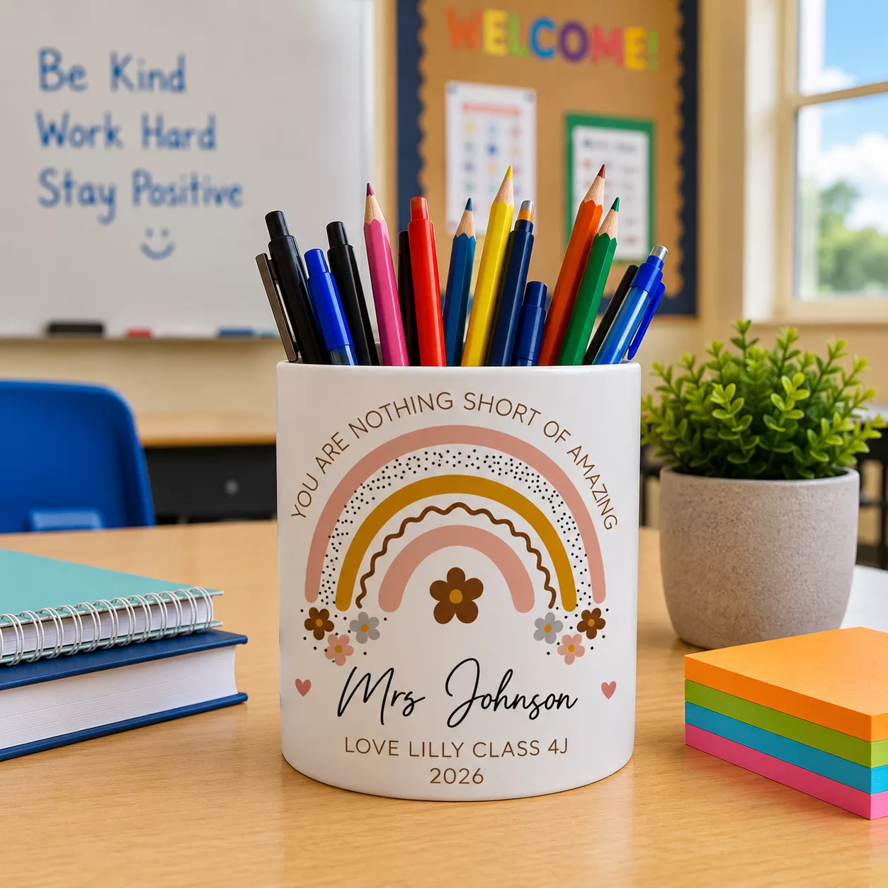 Personalised Teacher Pencil Pot – “Nothing Short of Amazing” Rainbow Design