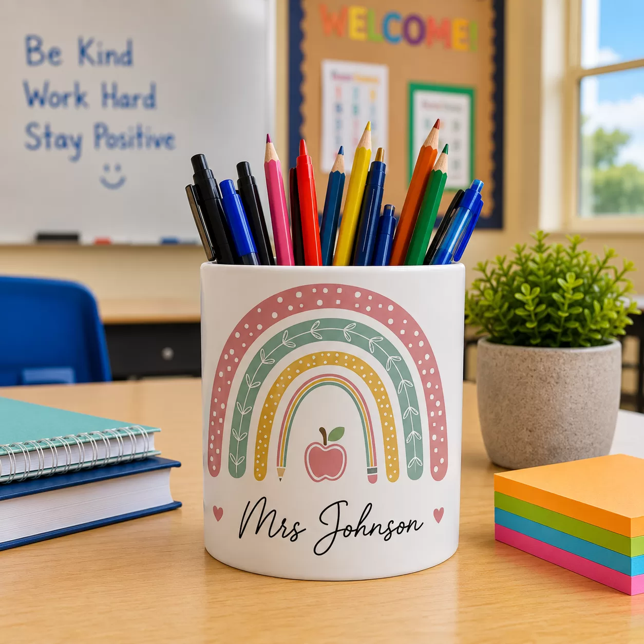 Personalised Teacher Pencil Pot – Pastel Rainbow & Apple Design