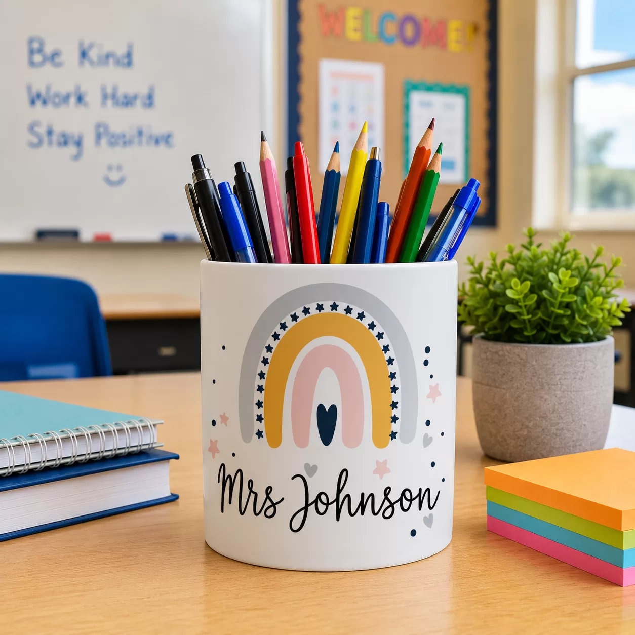 Personalised Teacher Pencil Pot – Rainbow Name Design